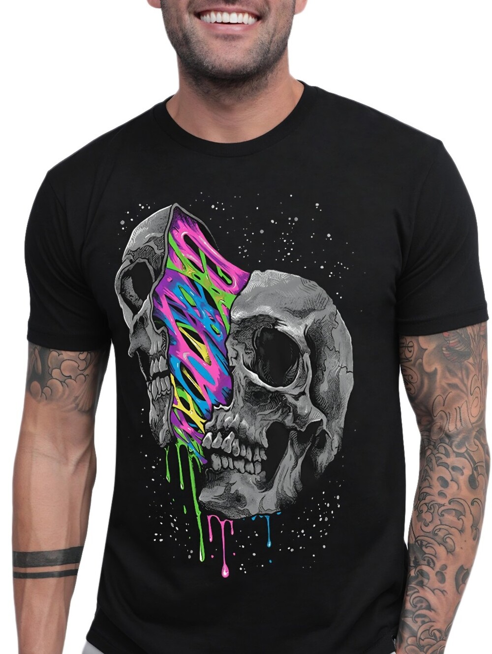 Into the AM Neon Divide Black Short Sleeve Skull Cotton Blend T-Shirt Size XL.